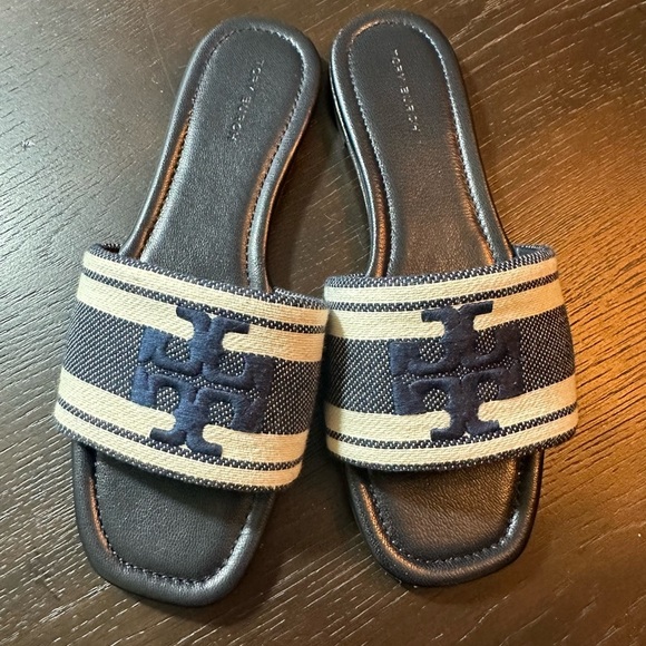 Tory Burch Shoes - Tory Burch Double T Jacquard Slide Sandal navy blue size 7